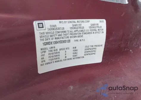 2000 Pontiac Montana M16 z USA, uszkodzony, nr VIN 1GMDX13E4YD365128